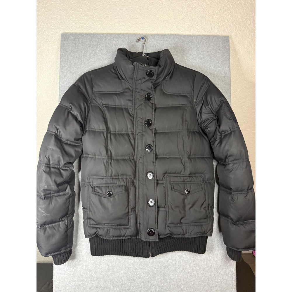 Victorias Secret PINK Puffer Jacket Black Down Feather Fill Crest Logo Small